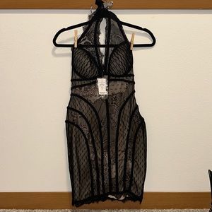 BEBE NUDE ILLUSION HALTER DRESS NWT